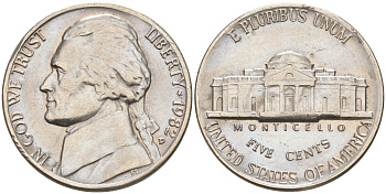 США 5 центов 1982 P, президент Джеферсон KM А192 медно-никель 190-135