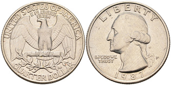 США 25 центов = квотер 1987 P, Вашингтон KM A164a медь плакированная медно-никелем 92-1232