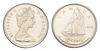 Канада 10 центов 1973 Елизавета II (1952-2022), парусник KM 77 никель PROOF-LIKE (BU) 633-815