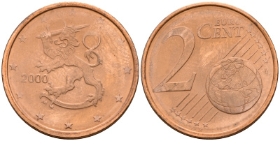 Финляндия 2 евроцента 2000  KM 99 сталь плакированная медью  UNC  4564-367