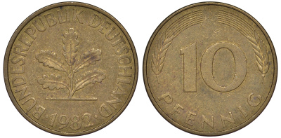ФРГ 10 пфеннигов 1982 J KM 108, J 383 сталь плакированная латунью 25-1755