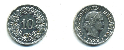 Швейцария 10 раппенов 1939 B KM 27b никель     29-1142