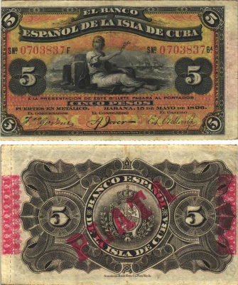 Куба 5 песо 1896 Испанская Администрация, красная надпечатка PLATA Pick 48b бумага VF 7191-23-2-1