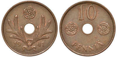 Финляндия 10 пенни 1941 KM 33.1 медь 51-3447