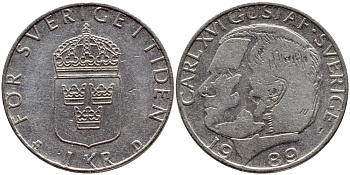 Швеция 1 крона 1989 Карл XVI Густав (1973- ) KM 852a медно-никель 4397-1236