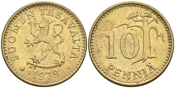 ФИНЛЯНДИЯ 10 ПЕННИ 1979 K KM 46 алюминиевая бронза 192-1044