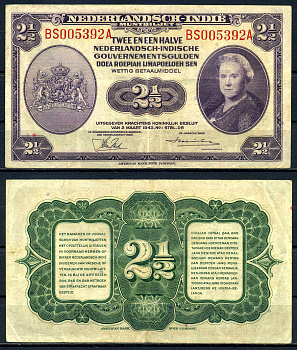 Нидерландская Индия 2 1/2 гульдена 1943 Вильгельмина I (1890-1948) Pick 112 a бумага 000-00-00