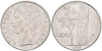 Италия 100 лир 1963 R, богиня Афина KM 96.1 нержавеющая сталь 259-145