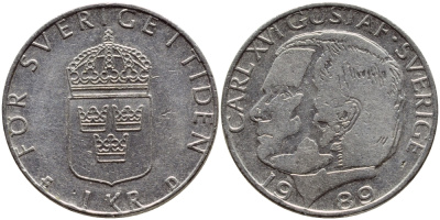 Швеция 1 крона 1989 Карл XVI Густав (1973- ) KM 852a медно-никель 4397-1236