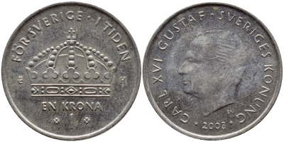 Швеция 1 крона 2003 Карл XVI Густав (1973- ) KM 894 медно-никель 4179-1222