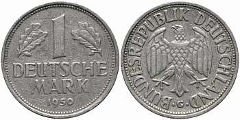 ФРГ 1 марка 1950 G, KM 110, J. 385 медно-никель 113-156