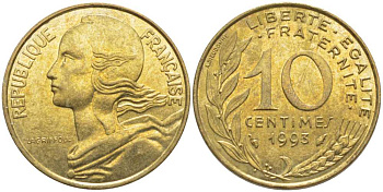 ФРАНЦИЯ 10 САНТИМОВ 1993 ТИП MARIANNE KM 929, LE FRANC 144.35 медь алюминий никель 116-431