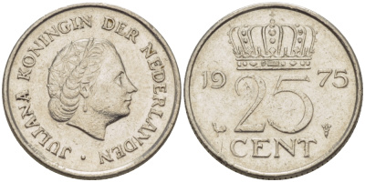 Нидерланды 25 центов 1975 Юлиана (1949-1980) KM 183 никель 3458-228