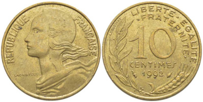 ФРАНЦИЯ 10 САНТИМОВ 1992 ТИП MARIANNE KM 929, LE FRANC 144.33 медь алюминий никель 116-269