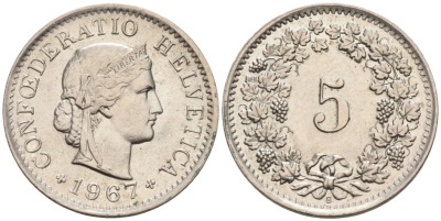 Швейцария 5 раппенов 1967 В KM 26 медно-никель 4564-964