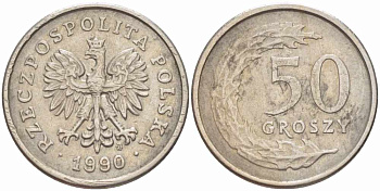 ПОЛЬША 50 ГРОШЕЙ 1990 MW KM 281 медно-никель 105-724