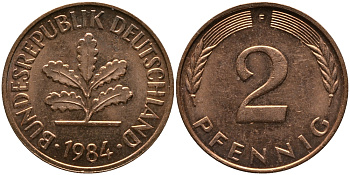 ФРГ 2 ПФЕННИГА 1984 F KM 106а, J.381а сталь плакированная сталь плакированная медьюю 33-244