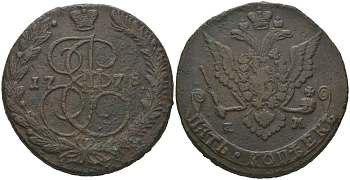 Россия 5 копеек 1778 Орел 1780-1787, ЕМ, Екатерина II (1762-1796) Биткин 628 R медь 4113-111