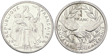 Французская Новая Каледония 1 франк 2012 птица кагу, (IEOM) KM 10, Schoen 10 алюминий 31-351