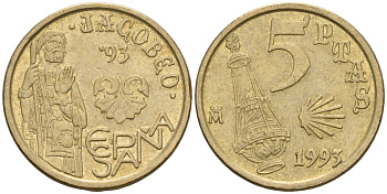 Испания 5 песет 1993 Хуан Карлос I (1975-2014), год Святого Иакова KM 919 алюминиевая бронза 4608-326