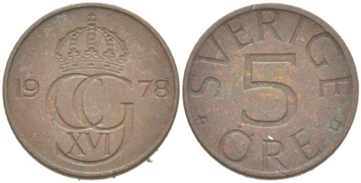 Швеция 5 эре 1979 U, Карл XVI Густав (1973- ) KM 849 бронза 3955-318