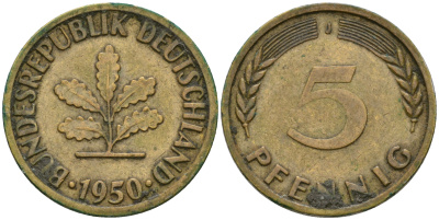 ФРГ 5 пфеннигов 1950 J KM 107, J.382 сталь плакированная латунью 4364-1613