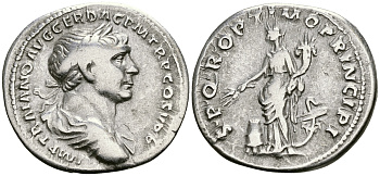 Римская Империя денарий 103 - 104 Траян SPQR OPTIMO PRINCIPI Абунданция, персонификация Изобилия Рим Very fine RIC 165 серебро 1073-4-3-1