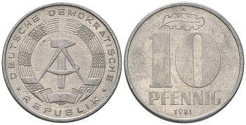 ГДР 10 пфеннигов 1981 A KM 10 алюминий 3459-636