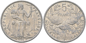 Французская Новая Каледония 5 франков 1986 птица кагу, (IEOM) KM 16, Schoen 12, Lec 76 алюминий 180-815