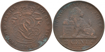 БЕЛЬГИЯ 2 САНТИМА 1865 BELGES KM 4.2 медь 68-727
