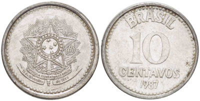 БРАЗИЛИЯ 10 СЕНТАВО 1987 РЕФОРМА 1986-1989 KM 602 нержавеющая сталь 100-1224