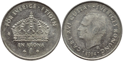 Швеция 1 крона 2004 Карл XVI Густав (1973- ) KM 894 медно-никель 177-234