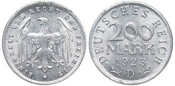 Германия 200 марок 1923 D KM 35, J. 304, Weege 22 алюминий 4604-557