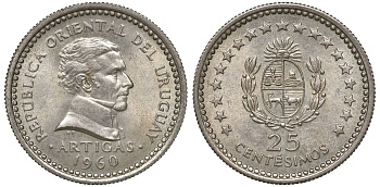 Уругвай 25 сентесимо 1960 KM 40 медно-никель 4169-934