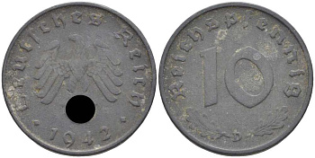 ГЕРМАНИЯ 10 РЕЙХСПФЕННИГОВ 1942 D KM 101, J. 371 цинк 4401-641