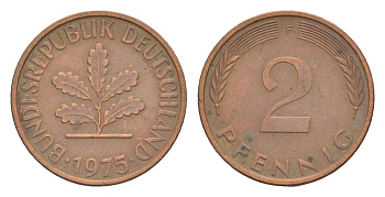 ФРГ 2 пфеннига 1975 F KM 106a, J.381a сталь плакированная медью 4630-1237