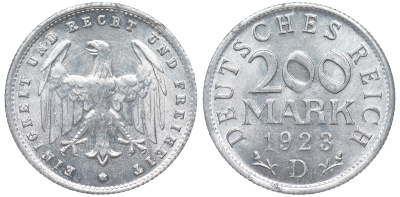 Германия 200 марок 1923 D KM 35, J. 304, Weege 22 алюминий 4604-557