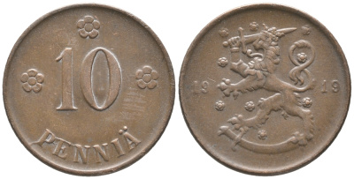 Финляндия 10 пенни 1919 KM 24 медь 28-1256