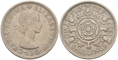 Великобритания 2 шиллинга (флорин) 1957 Елизавета II (1952-2022) KM 906, Spink 4146 медно-никель 109-642