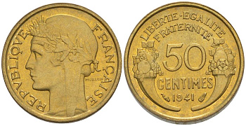 ФРАНЦИЯ 50 САНТИМОВ 1941 ТИП MORLON KM 894.1, LE FRANC 192.18 алюминиевая бронза 44-616