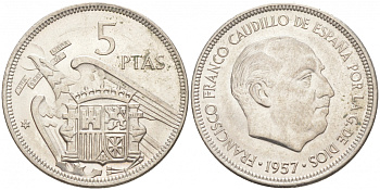 Испания 5 песет 1957 (71) Франсиско Франко (1939-1975) KM 786 медно-никель UNC 68-154