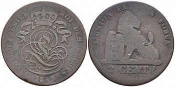 БЕЛЬГИЯ 2 САНТИМА 1842 BELGES KM 4.2 медь 4448-714