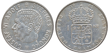 Швеция 1 крона 1965 U, Густав VI Адольф (1950-1973) KM 826 серебро 4178-755
