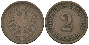 Германия 2 пфеннига 1874 A, старогербовка KM 2, J.2 медь 4625-116