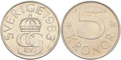 Швеция 5 крон 1983 Карл XVI Густав (1973- ) KM 853 медно-никель 4526-222