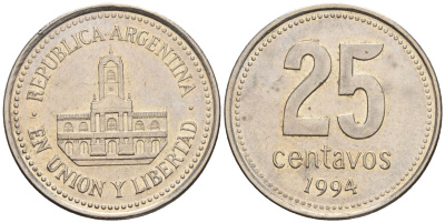 Аргентина 25 сентаво 1994 ратуша Буэнос-Айреса KM 110a, CJ 4.3.1, Schon 111a медно-никель    60-426