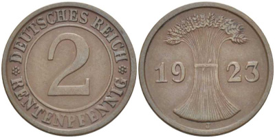 ГЕРМАНИЯ 2 РЕНТЕНПФЕННИГА 1923 J KM 31, J. 307 бронза 206-1159