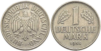 ФРГ 1 МАРКА 1954 J KM 110, J. 385 медно-никель 113-553
