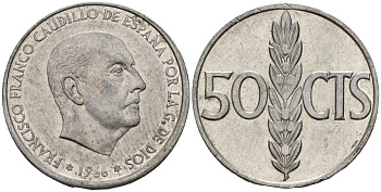 Испания 50 сентимо 1966 (73) Франсиско Франко (1939 - 1975) KM 822 алюминий 4154-734