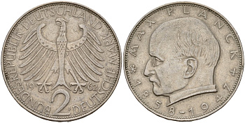 ФРГ 2 марки 1962 J, Макс Планк KM 116, J. 392 медно-никель плакированный никелем 4187-1122